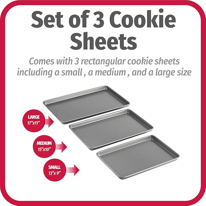 GoodCook Everyday Nonstick Baking Sheet Set, 3 Pack Includes Small (13×9) Medium (15×1) and Large (17×11) Pans Carbon Steel Construction Cookie Sheets Bakeware Set, Gray - Image 2