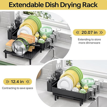 Urackify Dish Drying Rack for Kitchen Counter, 304 Stainless Steel Dish Rack, Expandable Dish Drainer, Foldable Dish Strainer with Cutlery Holder, Kitchen Plate Rack (Black, Large Size)