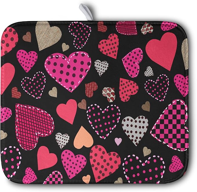 Valentine's Day Kitchen Drying Mats for Dishes 16x18 Inch Love Heart Dish Drying Mat Black Pink Polka Dots Dish Drainer Mat Super Absorbent Dish Rack Pad for Coffee Bar Sinks by Kwlegh