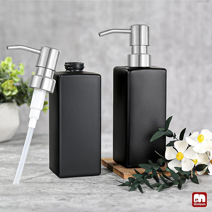 GMISUN Black Soap Dispenser, Hand Soap Dispenser Bathroom, 12 fl oz/350ml Glass Soap Dispensers with Stainless Steel Pump, Refillable Liquid Dish Dispenser for Kitchen, Modern Soap and Lotion Bottles - Image 7