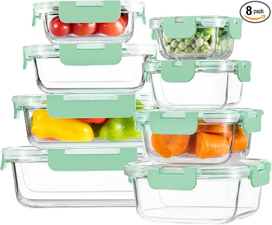 HOMBERKING 8 Pack Glass Food Storage Containers with Lids, Meal Prep Containers, Airtight Bento Boxes with Leak Proof Locking for Microwave, Oven, Freezer and Dishwasher, BPA Free, 5-35oz, light blue by HOMBERKING