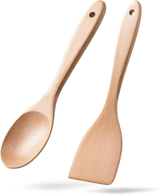 2pcs Wooden Spatula Spoon for Cooking, Thicker 12inch Coated Beech Wood Turners for Frying, Non-Scratch Flat Spurtle for Pan & Wok, Cooking Utensils for Non Stick Cookware, Long Handle Scraper by HEFILD