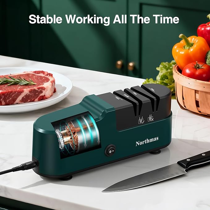 Northmas Knife Sharpener, Professional Electric Knife Sharpener for Home Use, 2 Stages for Quick Sharpening & Polishing, 100V-240V Global Voltage Design, Green - Image 6