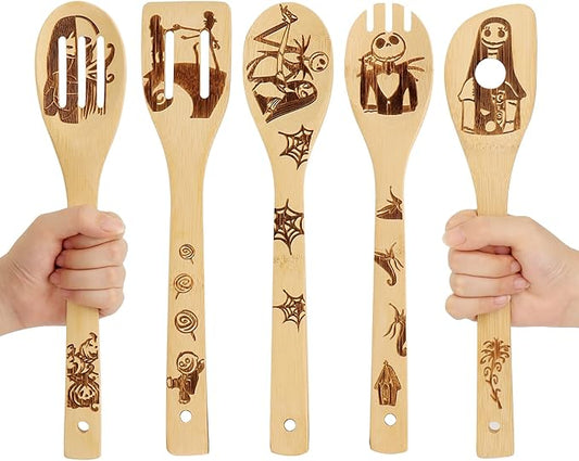 Nightmare Before Christmas Gifts - 5 Pcs Wooden Spoons for Cooking,Halloween Kitchen Utensils Set,Cooking Utensils set for Halloween Decor