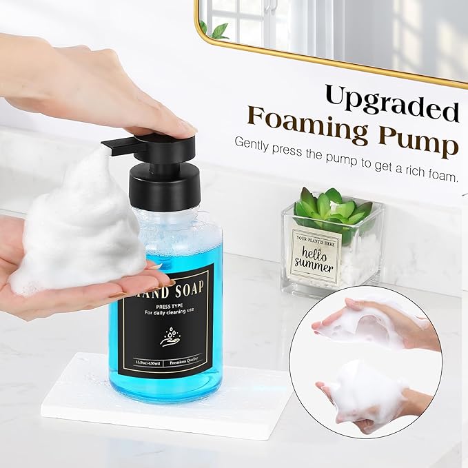 Luxspire Foaming Soap Dispenser, Glass Foam Pump Soap Dispenser, Non-Slip Hand Soap Bottle with 5 Waterproof Labels, 15 Oz Refillable Liquid Soap Bottle for Bathroom & Kitchen, Clear, 2 Pack