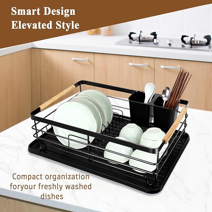 Dish Racks for Kitchen Counter, Thickened Metal Dish Drying Rack with Wooden Handles, Kitchen Countertop Organizer for Dishes, Spoons and Forks, No Assembly, Black, 16.7''*12.6''*5.12'' - Image 8