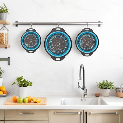 Collapsible Colander 3-Pack Set Space-Saving Foldable Kitchen Strainer with Non-Slip Base Durable Thickened PP+TPE Collapsible Strainers for Pasta, Vegetables, Fruits (Gray-Blue) - Image 7
