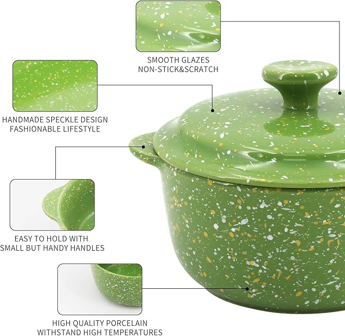 Oven-Safe 4-Pack Mini Ceramic Casserole Dishes (10 Oz Each) - With Lids & Handles - Ideal for Souffle, Soup, Cobbler, Stoneware Baking Ramekins for Individual Servings,Green