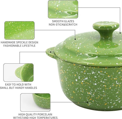 Oven-Safe 4-Pack Mini Ceramic Casserole Dishes (10 Oz Each) - With Lids & Handles - Ideal for Souffle, Soup, Cobbler, Stoneware Baking Ramekins for Individual Servings,Green