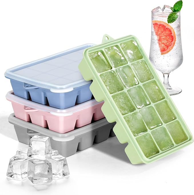 4 Pack Silicone Ice Cube Trays with Lid, Easy Release Ice Cube Trays for Freezer, Reusable and Stackable Silicone Ice Molds, Covered Ice Cube Trays for Cocktails, Whiskey, Coffee by Duesu