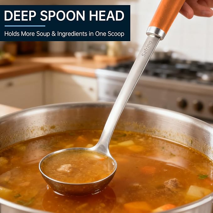 Safring Stainless Steel Soup Ladle and Spaghetti Spoon Set, Heat Resistant Rubber Handle, Dishwasher Safe, Kitchen Utensils for Cooking, Stirring, Serving Pasta, Soup & Sauce (Orange) - Image 5