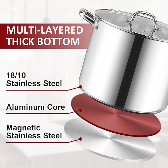 Herogo 20-Quart 18/10 Stainless Steel Stock Pot with Lid, Large Heavy Duty Soup Pot Compatible with Electric, Gas, Induction and Gas Cooktops, Non-Toxic & Corrosion Resistant, Dishwasher Safe