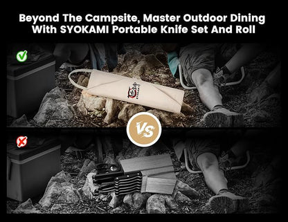 SYOKAMI 14pcs Chef Knife Set with Roll Bag, Professional Stainless Steel Japanese Knife Set with Pakkawood Handle for Professional Chef, Camping, Travel, BBQ, RV or Gift Beige