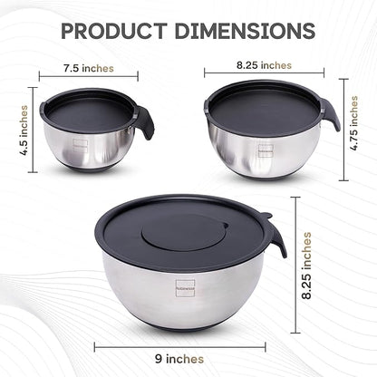 Stainless Steel Mixing Bowls Set of 3, Large Nesting Bowls with Airtight Lids for Food Prep, Cooking, Baking, Salad, and Outdoor Dining (Black, 3 Pcs)