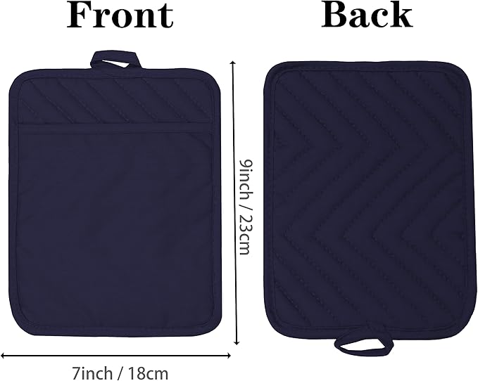 Oven Pot Holder with Pocket Cotton Heat Resistant Coaster Potholder Kitchen Hot Pad Oven Mitts for Cooking Square 7"x9" Set of 3 (Navy Blue) - Image 2