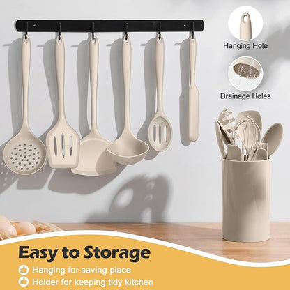 15-Piece Kitchen Cooking Utensils Set with Holder, Homikit Heat Resistant Food Grade Silicone Kitchen Utensils include Slotted Spatula Ladle Turner for Nonstick Cookware, Dishwasher Safe- Khaki - Image 9