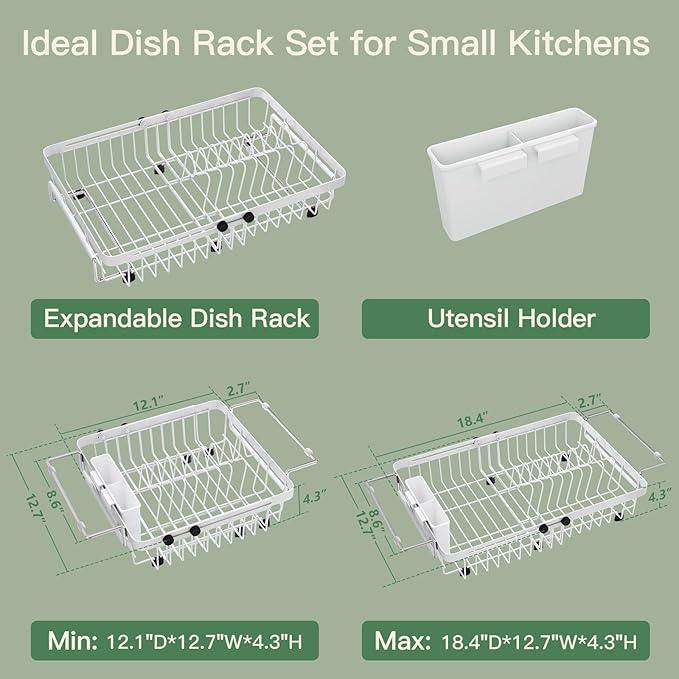 MAJALiS Dish Drying Rack Over The Sink, Expandable Stainless Steel Dish Drainer for Small Kitchen Counter Space Saving, RV Compact Plate Strainer in White Metal with Hanging Adjustable Utensil Holder - Image 9