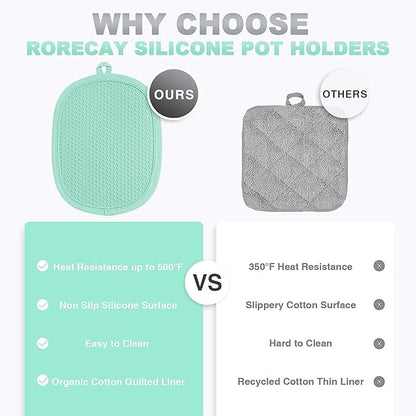2-Pack Silicone Pot Holders for Kitchen Heat Resistant up to 500°F, Non-Slip Large Hot Pads with Pocket, Quilted Liner Trivets for Countertops Hot Pots and Pans (Bermuda Teal) - Image 5