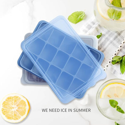 Ice Cube Trays Set of 2, Easy Release 15 Flexible Silicone Ice Cube Molds with Removable Lid Reusable Freezer Ice Trays Stackable for Whiskey, Baby Food, BPA Free (BLUE+GRAY) - Image 2