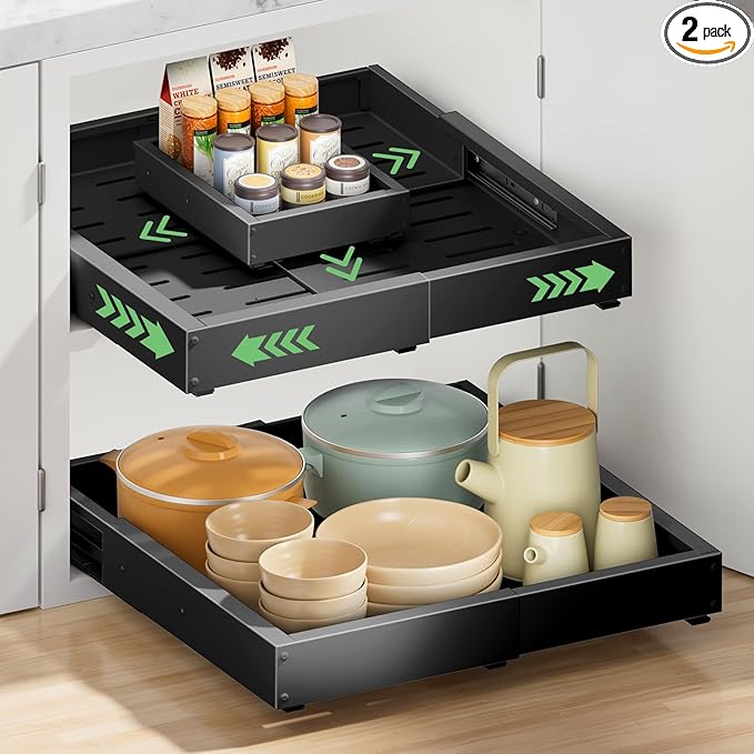 2 Pack Pull out Cabinet Organizer, Width (12"-19") Depth (17"-23"), with 3 Rails Adjustable Slide, Expandable Pullout Drawers for Cabinets, No Drill Adhesive Kitchen Drawers for Pantry Shelves by BUFOR