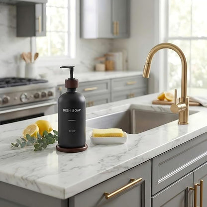 Dish Soap Dispenser, Refillable Soap Dispenser Kitchen with Tray, Glass Soap Dispenser with Pump, Suitable for Soap Dispenser for Kitchen Sink, Modern Home Decor. (Black)