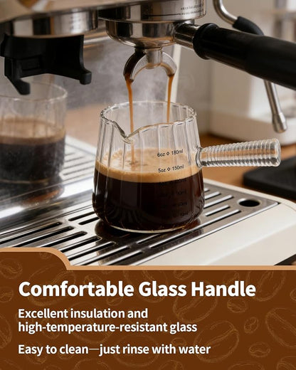2 Pack Espresso Measuring Cup, 6oz Borosilicate Glass Espresso Cups with Glass Handle, V-Shaped Spout Milk Frothing Cup for Coffee, Tea, Syrup – Dishwasher Safe