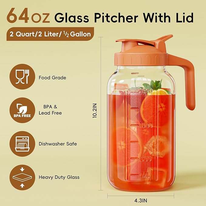 Glass Mason Jar Pitcher, 64 oz Wide Mouth Jug with Pour Spout Handle Lid for Cold Brew Coffee, Ice Beverage, Iced Juice, Lemonade, Sun Tea, Fruit Drinks Container(Orange) - Image 2