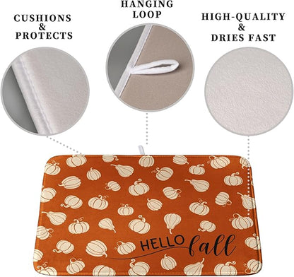 Hello Fall Drying Mat for Kitchen Counter Autumn Orange Pumpkin Dry Dish Mat Thanksgiving Absorbent Microfiber Dish Draining Washable Dish Drainer Rack Mat 16x18 Inch - Image 3