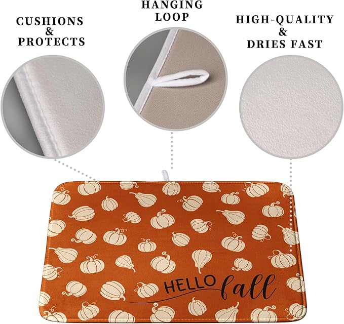 Hello Fall Drying Mat for Kitchen Counter Autumn Orange Pumpkin Dry Dish Mat Thanksgiving Absorbent Microfiber Dish Draining Washable Dish Drainer Rack Mat Large 18x24 Inch - Image 3