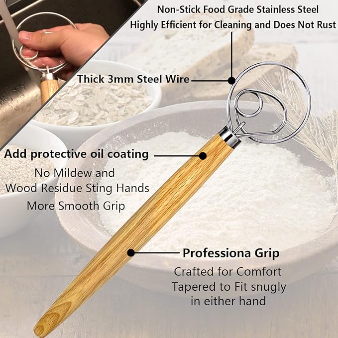 Danish Dough Whisk, Sourdough Tools For Bread Mixer, Dutch Style Bread Whisk For Sourdough Cooking Kitchen with Stainless Steel Danish Sourdough Whisks Bread Mixer 13" and Dough Scraper - Image 2