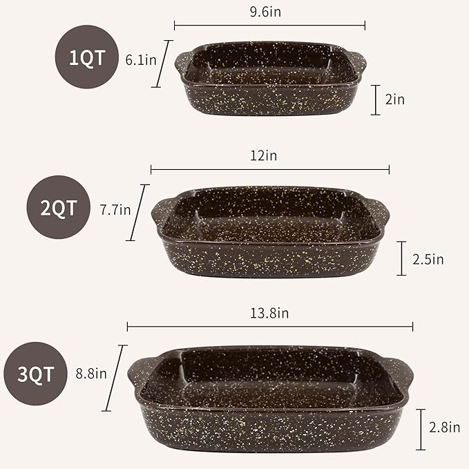 3-Pack Deep Rectangular Ceramic Baking Dishes, Heavy-Duty Oven-Safe Stoneware Casserole Pans for Lasagna Baking, High Heat Resistant Handcrafted Glazed Finish,Speckle Series(13.8''/12''/9.6'' Brown) - Image 2