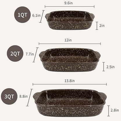 3-Pack Deep Rectangular Ceramic Baking Dishes, Heavy-Duty Oven-Safe Stoneware Casserole Pans for Lasagna Baking, High Heat Resistant Handcrafted Glazed Finish,Speckle Series(13.8''/12''/9.6'' Brown) - Image 2