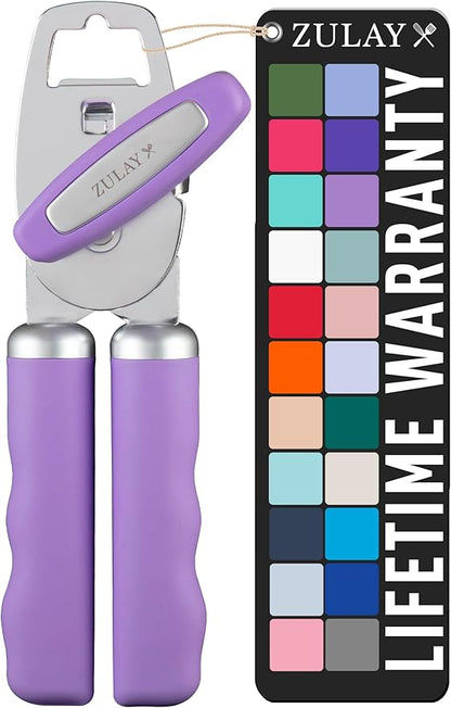 Zulay Kitchen Heavy Duty Stainless Steel Can Opener Manual with Bottle Opener - Rust Proof Manual Can Opener With Turn Knob & Comfy Soft Grip Handles - Lavender by ZulayKitchen