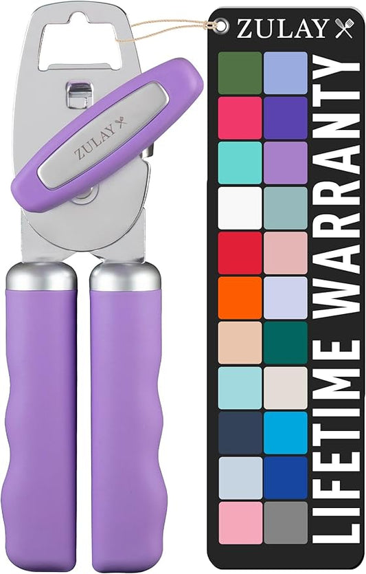 Zulay Kitchen Heavy Duty Stainless Steel Can Opener Manual with Bottle Opener - Rust Proof Manual Can Opener With Turn Knob & Comfy Soft Grip Handles - Lavender by ZulayKitchen