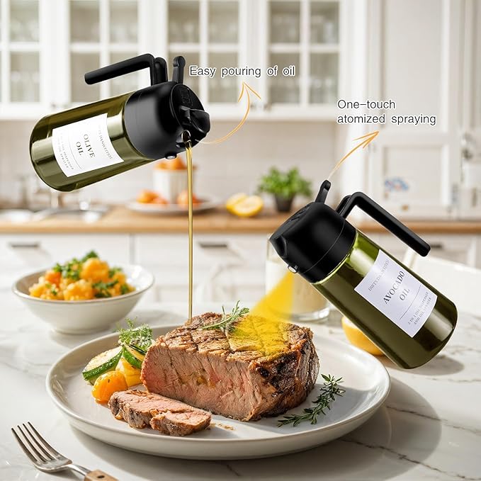 DWTS DANWEITESI Oil Sprayer for Cooking 2pcs,2 in 1 Oil Dispenser and Oil Sprayer Kitchen Gadgets,16oz Dark Green Glass Oil Spray Bottle(Light Blockage),Perfect Kitchen Accessories - Image 4