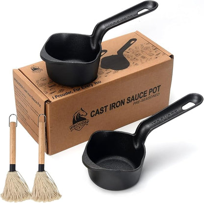 Cast Iron Sauce Pan and Basting Pot with BBQ Mop Brushes - Cast Iron Small Sauce Pots 2 Pcs for Grilling, Melting, Camping Cooking & Stoves - Mini Pot for Butter Melter