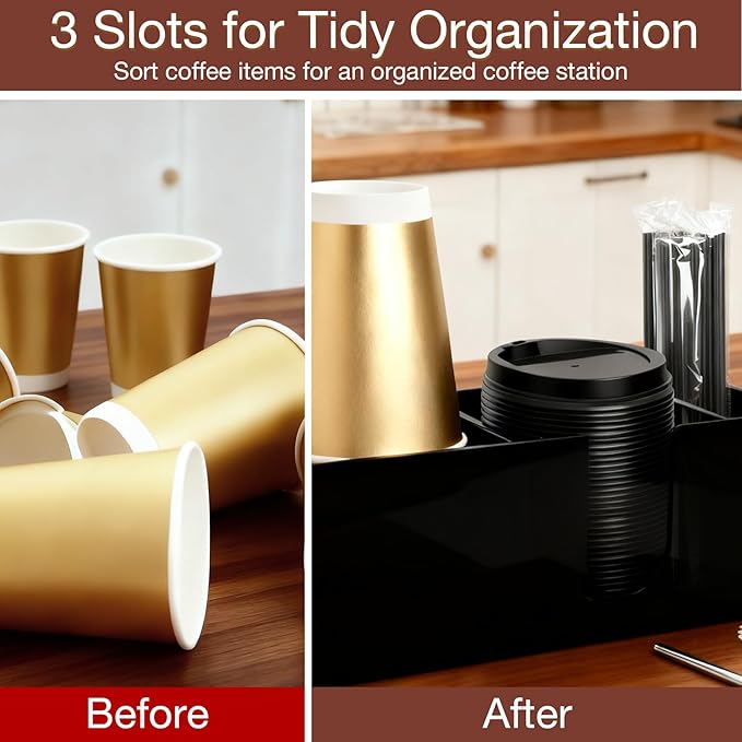 Acrylic Coffee Cup Holder for Countertop, 3 Slots Acrylic Coffee Bar Accessories and Organizer Anti Slip Waterproof, Coffee Station Organizer for Cup Lid Straw, Black
