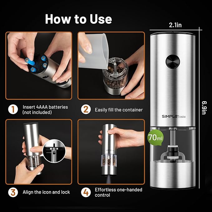 SIMPLETASTE Electric Salt and Pepper Grinder Set with LED Light, Automatic Pepper Mill Shakers with Adjustable Coarseness, One Hand Operation for Kitchen, Dining, Gifting, Silver, Battery Operated - Image 6