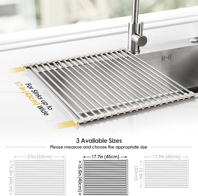 Tomorotec 17.7" x 15.5" Roll Up Dish Drying Rack Over Sink Drying Rack Sink Cover Kitchen Sink Accessories Gadget Multipurpose Organizer Foldable Stainless Steel Drainer - Image 4