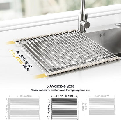 Tomorotec 17.7" x 15.5" Roll Up Dish Drying Rack Over Sink Drying Rack Sink Cover Kitchen Sink Accessories Gadget Multipurpose Organizer Foldable Stainless Steel Drainer - Image 4