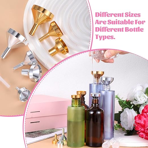 8 Pcs Small Metal Funnels 4 Sizes Gold Silver Mini Funnel with 2 Mini Pipette for Filling Perfume, Essential Oil Bottles