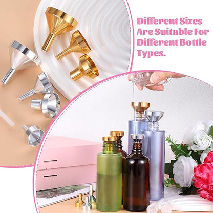 8 Pcs Small Metal Funnels 4 Sizes Gold Silver Mini Funnel with 2 Mini Pipette for Filling Perfume, Essential Oil Bottles