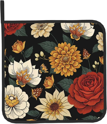 Boho Floral Oven Mitts and Pot Holders Sets of 2 Vintage Kitchen Mitts Bohemian Flower Hot Pads for Cooking Baking Grilling - Image 9
