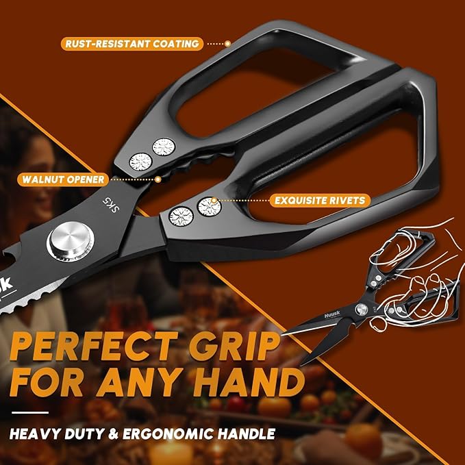 HUUSK Kitchen Scissors for Food - Stainless Steel Kitchen Shears, Sharp Black Meat Scissors Dishwasher Safe, Heavy Duty Poultry Shears, Japanese Cooking Scissor for Chicken, Christmas Gifts for Men - Image 4