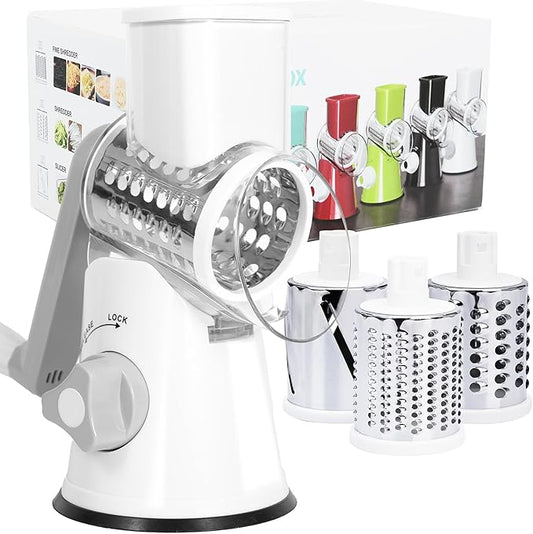 Rotary Cheese Grater, Manual Cheese Shredder with 3 Interchangeable Blades, Cheese Grater Hand Crank with Strong Suction Base, Easy to Use and Clean, White by REDPANT