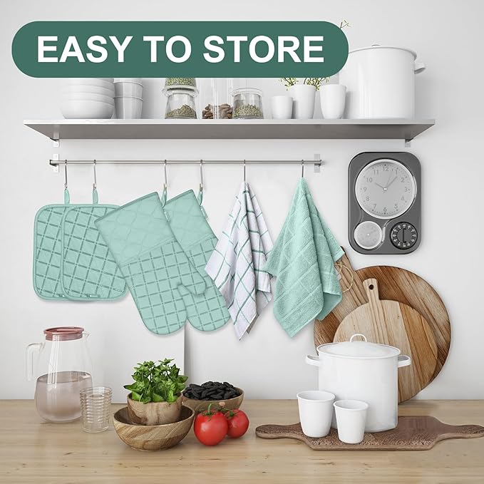Oven Mitts Pot Holders Sets/Kitchen Towels and Dishcloths, Oven Gloves Kitchen Dish Towels 500 Degree Heat Resistant Potholders with Non-Slip Silicone Surface for Cooking, Grilling, Baking-Mint Green - Image 6