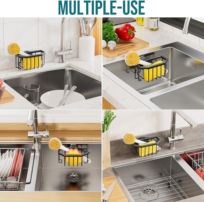 TAILI Sponge Holder with Strong Suction Cup, Dish Sponge Caddy Inside Sink Removable, Rustproof Aluminum for Sponges, Brushes, Stoppers and Scrapers - Black - Image 8