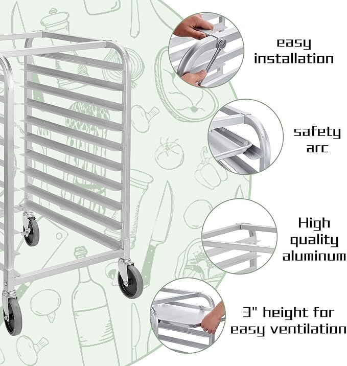 HALLY SINKS & TABLES H Bun Pan Rack 10 Tier with Wheels, Commercial Bakery Racking of Aluminum for Full & Half Sheet - Kitchen, Restaurant, Cafeteria, Pizzeria, Hotel and Home, 26" L x 20" W x 38" H - Image 3