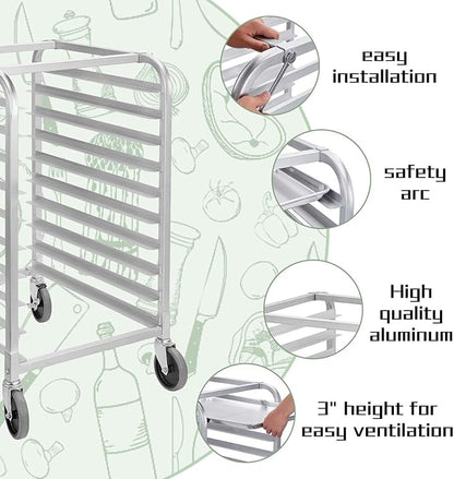 HALLY SINKS & TABLES H Bun Pan Rack 10 Tier with Wheels, Commercial Bakery Racking of Aluminum for Full & Half Sheet - Kitchen, Restaurant, Cafeteria, Pizzeria, Hotel and Home, 26" L x 20" W x 38" H - Image 3