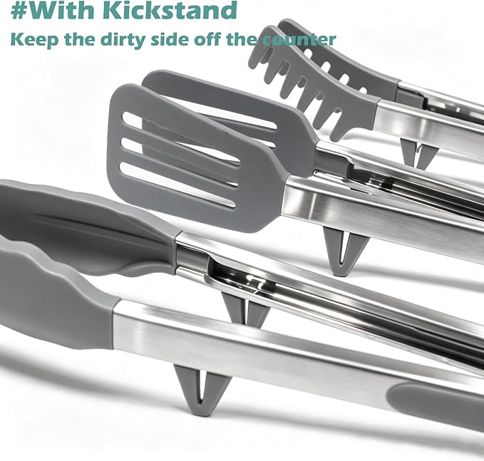 Tongs for Cooking, 12" Kitchen Tongs with Silicone Tips, Food Grade Serving Tongs Set of 3, Grey - Image 2